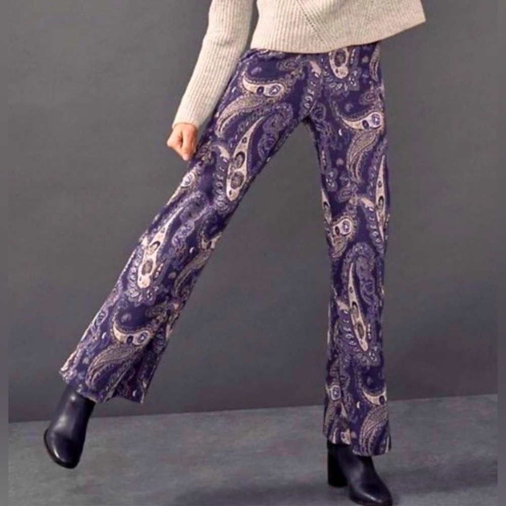Anthropologie Maeve Maria Metallic Paisley Boho Flare Pants Blue Size 0